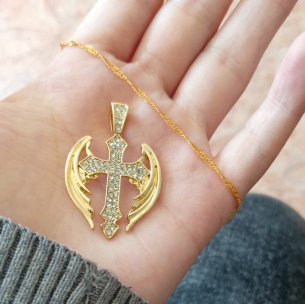 Goldtone Angel Wings Cross Pendant Necklace